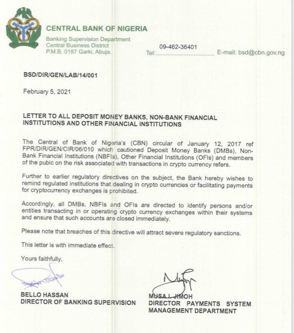 尼日利亚央行禁止银行向加密货币交易所提供服务