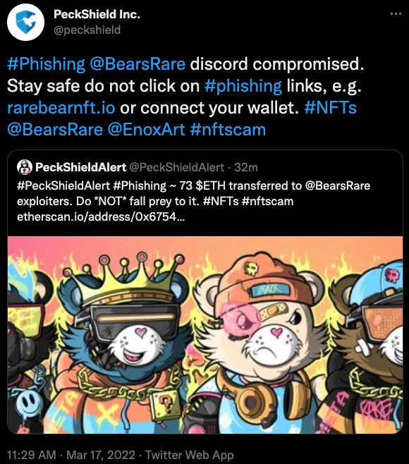 派盾：NFT项目Rare Bears Discord遭遇攻击