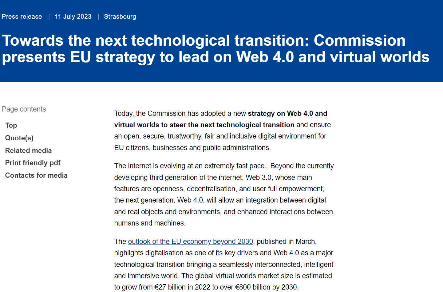 谋求“弯道超车” 欧盟委员会发布Web 4.0和虚拟世界战略倡议