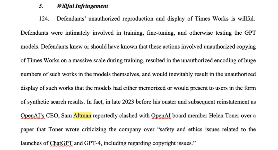 纽约时报送OpenAI、微软上被告：GPT-4输出结果与其作品有大量重复