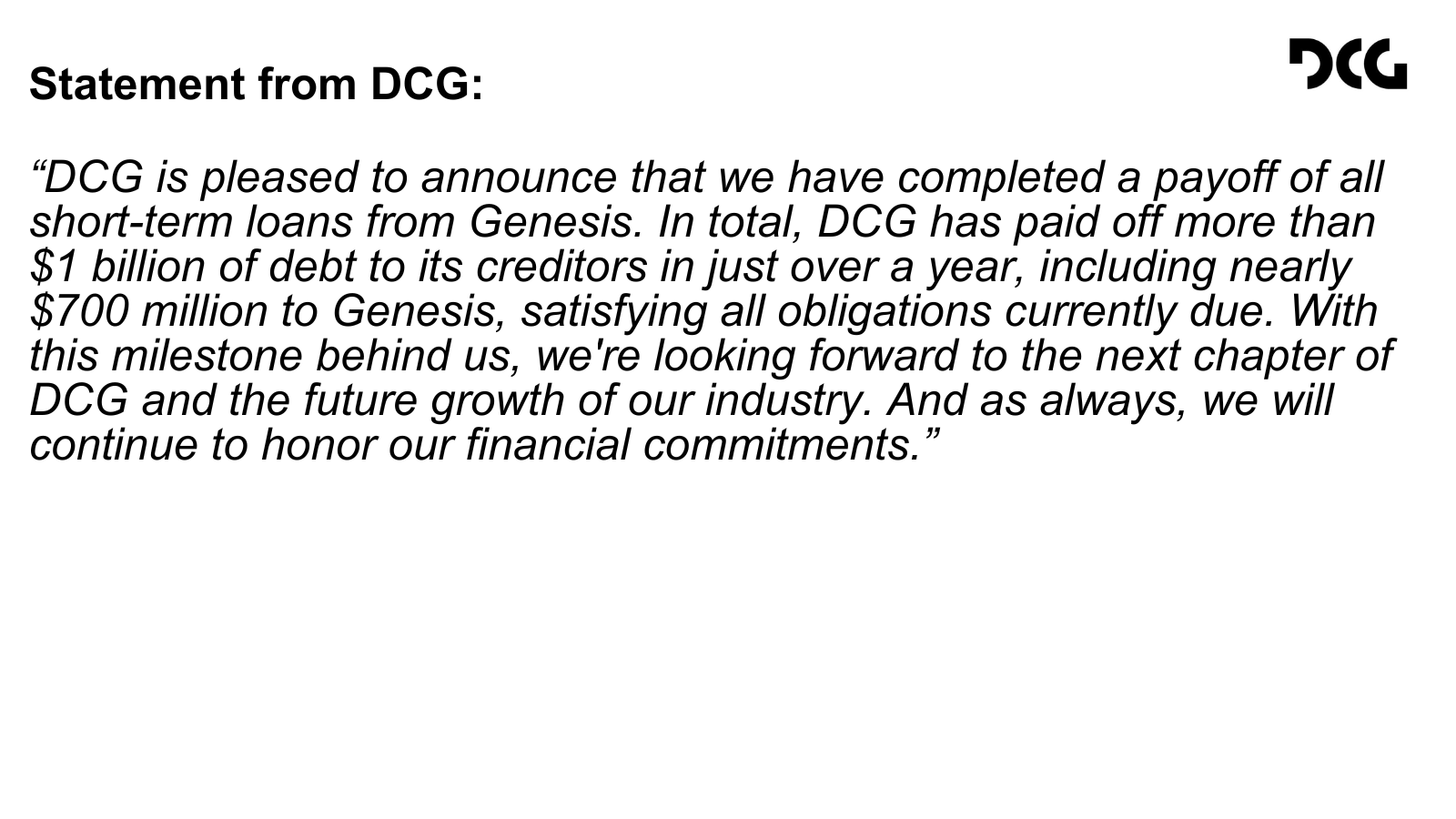 DCG：已向债权人偿还超10亿美元债务，包括Genesis的近7亿美元