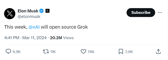 马斯克将在本周，开源类ChatGPT产品Grok