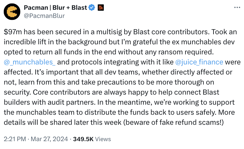 Blast 社区又吵起来了，这次是因为想帮项目追回被盗资金