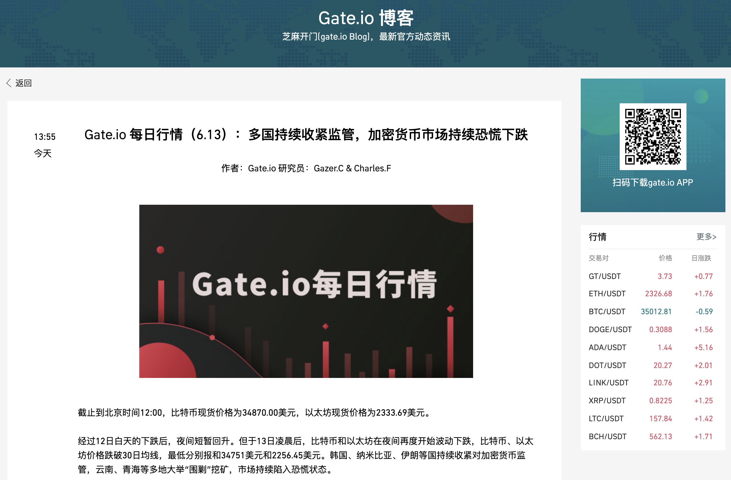Gate.io 每日行情（6.13）：多国持续收紧监管，加密货币市场持续恐慌下跌